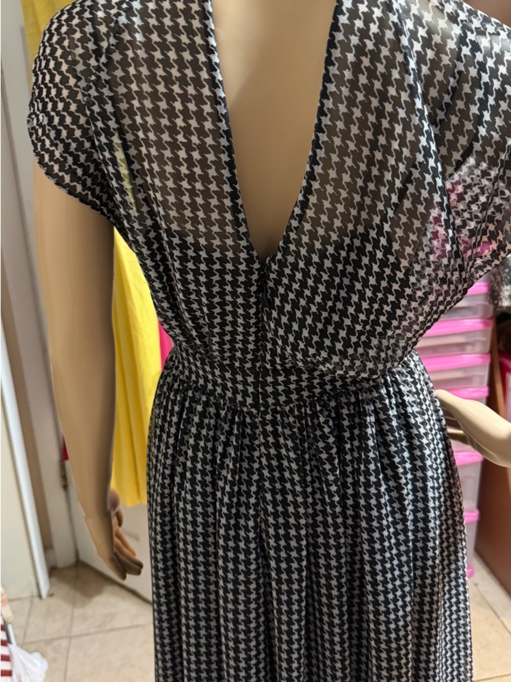 Black & White Houndstooth Maxi Dress with Tie Neck - Picture 6 of 11
